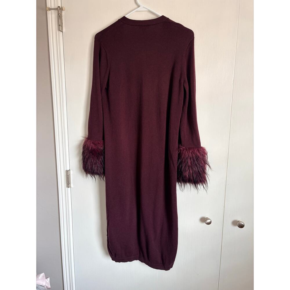 Vince Camuto Burgundy Open Front Longline Cardigan Sweater Faux Fur Cuff Small - Picture 3 of 7